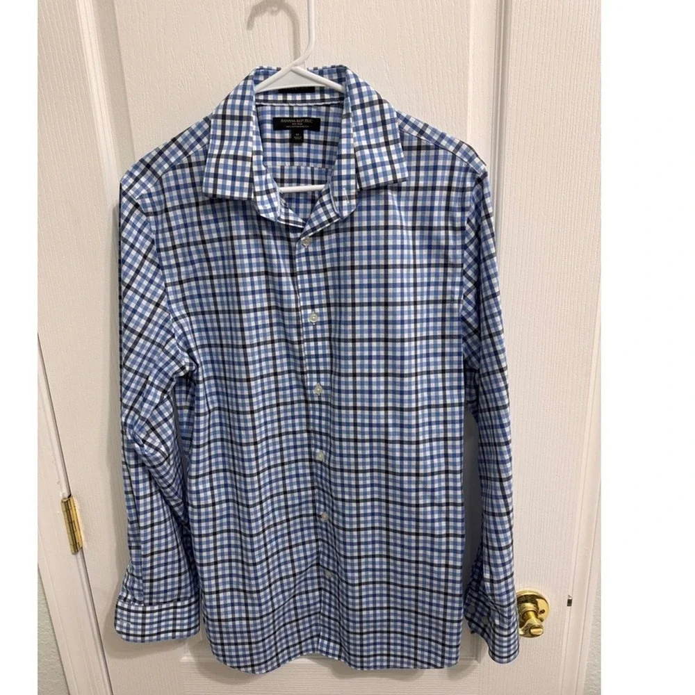 Banana‎ Republic Shirt Mens Medium Grant Fit Blue Gingham Check Stretch Dress